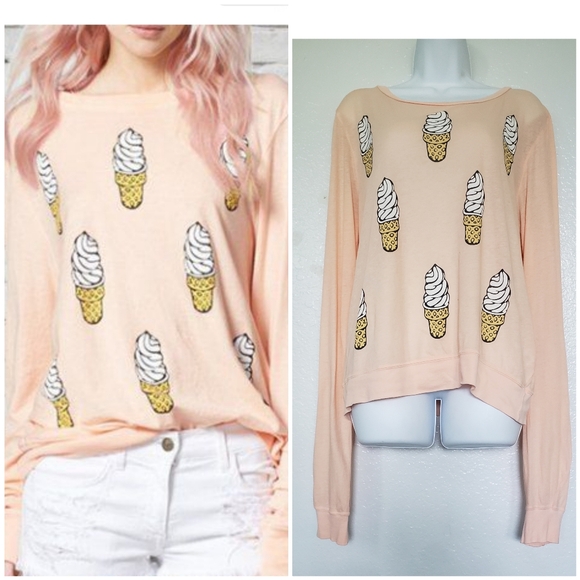 Wildfox Ice Cream Cone Peach Long Sleeves Top Novalty Print Sz Medium 100 Cotton - Picture 1 of 10